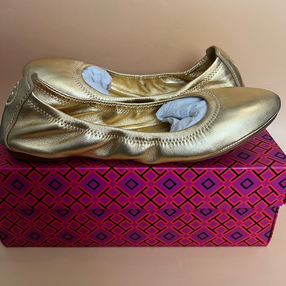 Tory Burch Eddie Gold Nappa Ballet Leather Flats Size 8 - Picture 12 of 16